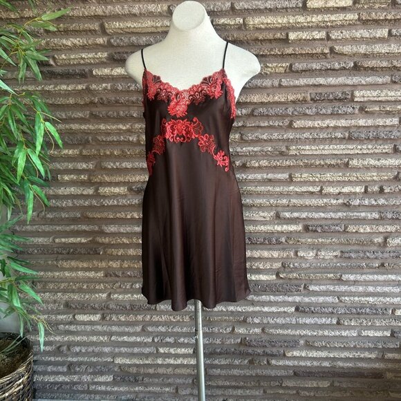 Natori Brown and Red Lace Satin Negligee and Robe Loungewear Set Size Small - Picture 10 of 10